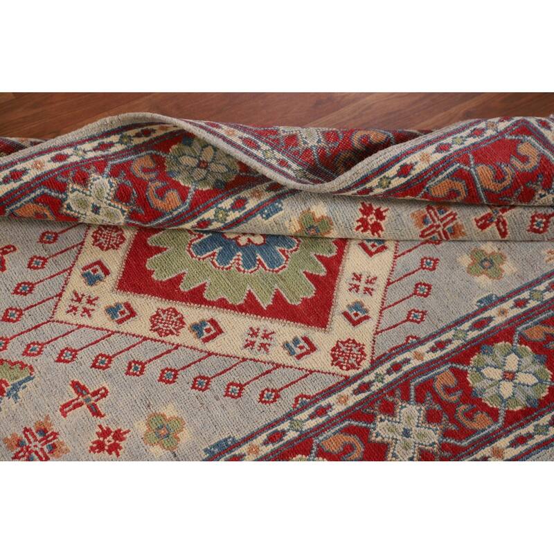 Grey Geometric Kazak Oriental Accent Rug Handmade Wool Carpet - 3'3"x 4'10"