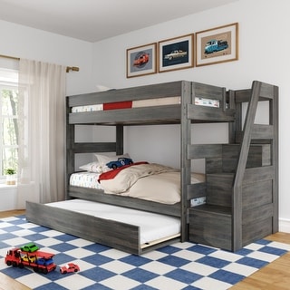Modern Farmhouse Twin Over Twin Bunk Bed with Staircase and Trundle