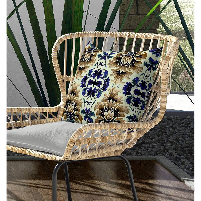 Damask Rapture Indoor/Outdoor Reversible Throw Pillow Blue and Beige