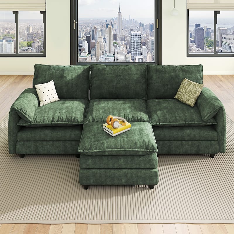 Modern Velvet L Shaped Couch 108" Modular Sectional Sofa with Movable Ottoman - Green