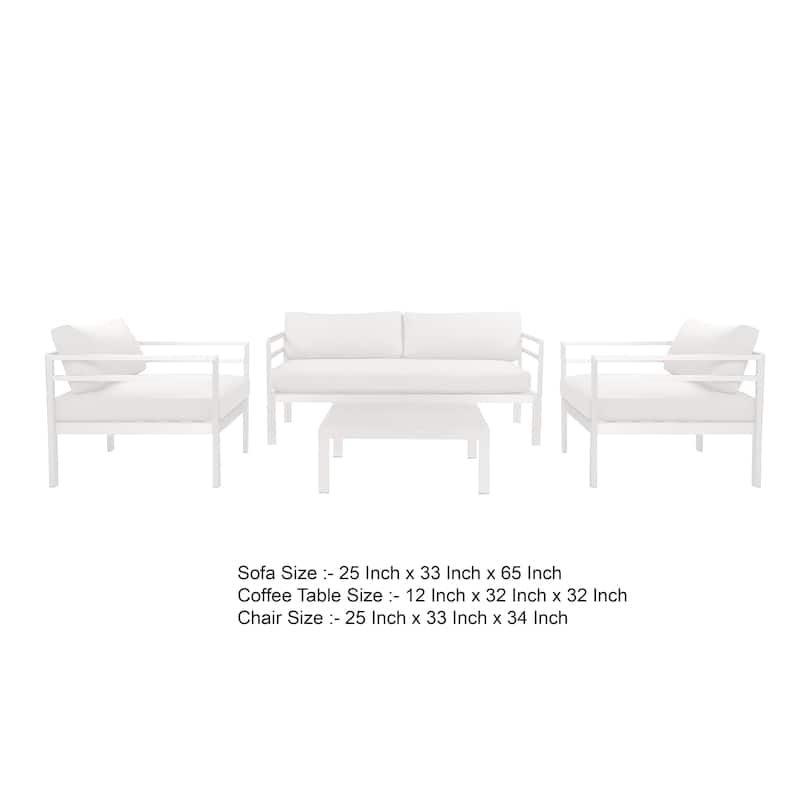 Billy 4 Piece Outdoor Sofa Set, Classic White Aluminum, Fabric Cushions