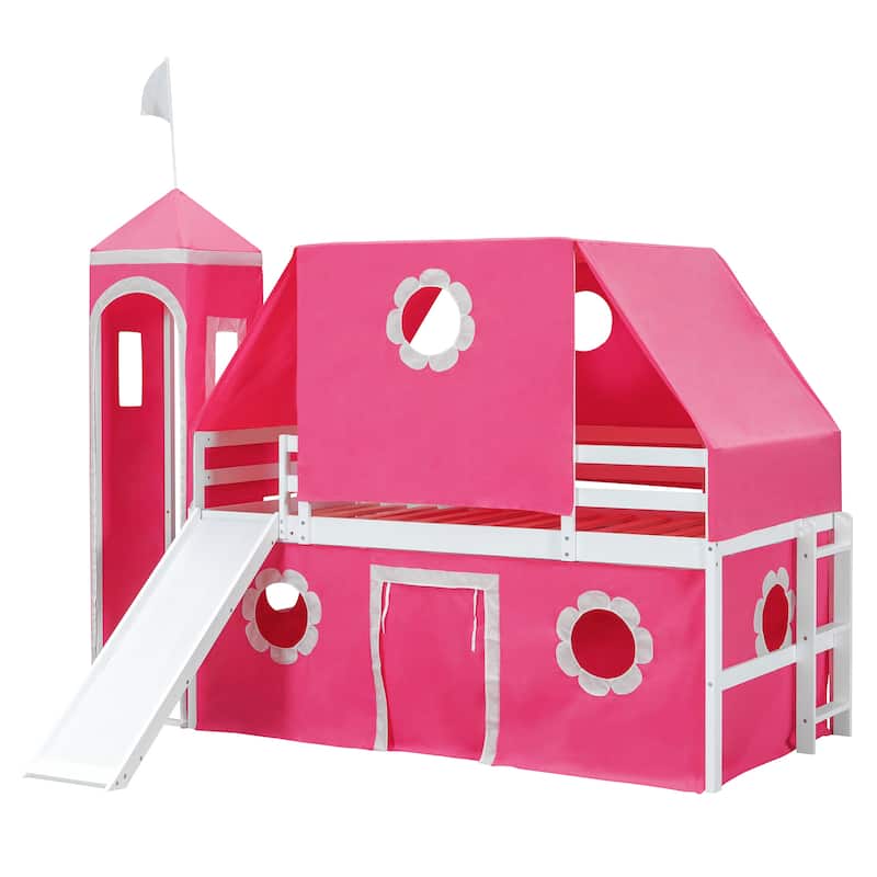 Roomfitters Twin Size Loft Bed with Slide, Tent and Tower, Pink