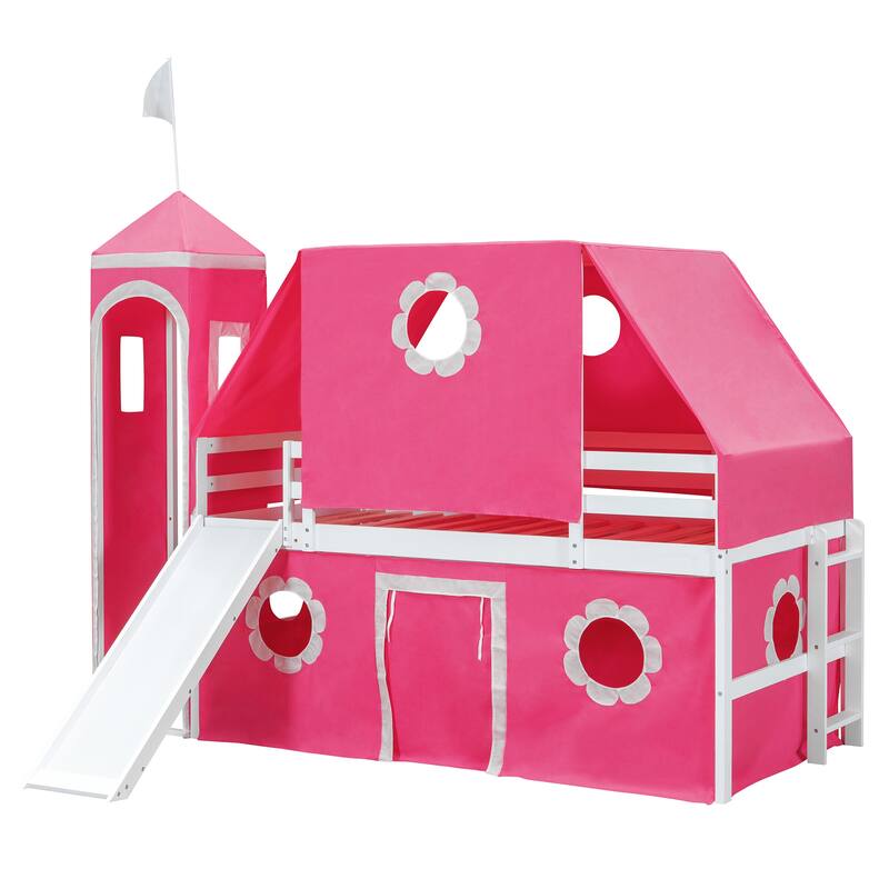 Twin Size Loft Bed with Slide Pink Tent and Tower - Pink(OLD SKU:WF532005AAH)