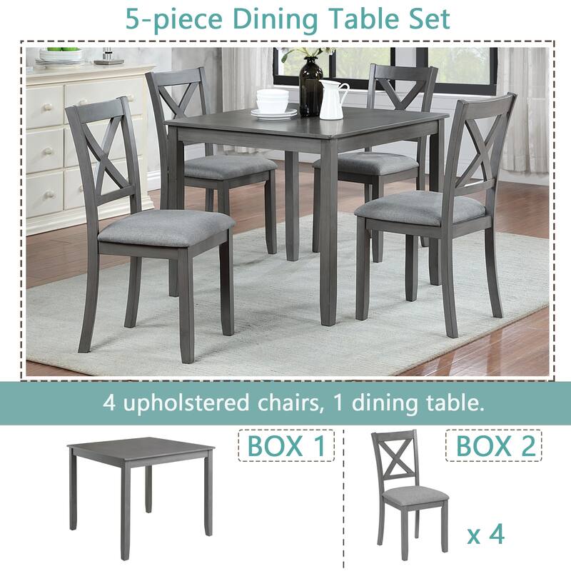 5 Piece Modern Dining Set, Square Wooden Dining Table with 4 Upholstered Chairs for Kitchen, Dining Room