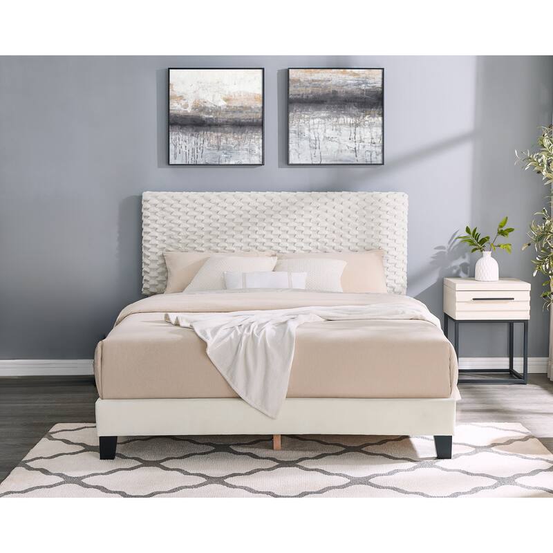 Findlay 2-Piece Bedroom Set, Plush 3D Upholstered Bed with Nightstand, Queen - Off White