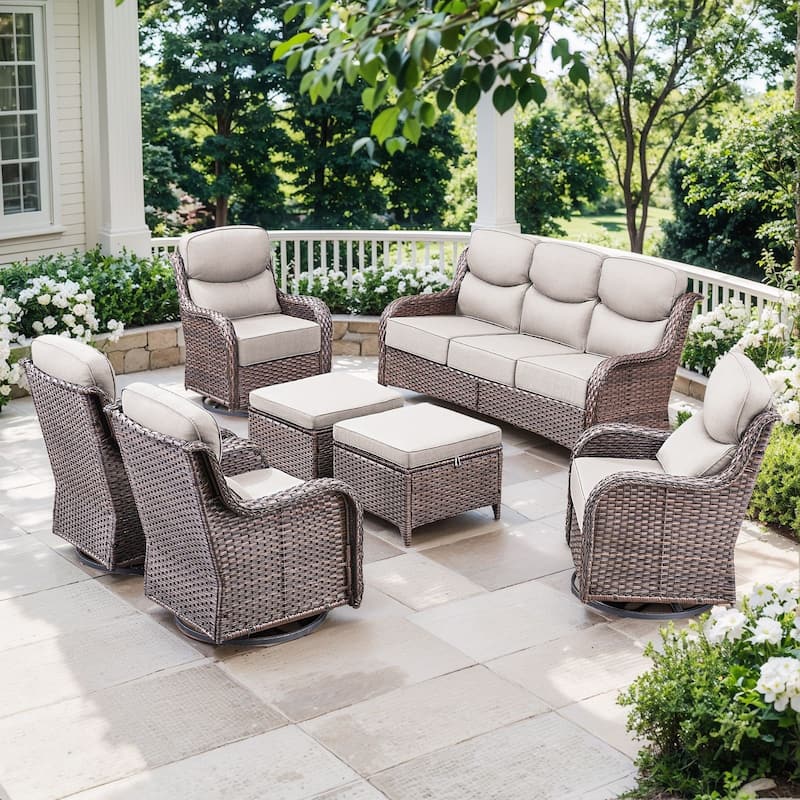 Outdoor Patio Sofa Swivel Chair with 6-Inch Thick Cushions Set - Brwon Wicker Beige Cushion - 7PCS Sofa Swivel Chair w/ Ottoman