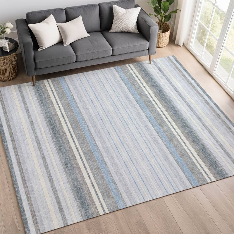 Machine Washable Indoor/ Outdoor Modern Stripes Chantille Rug