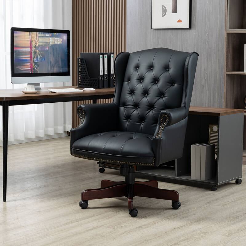 High Back Reclining Office Chair PU Leather Office Chair with Thick Cushioned Seat Back and Casters, for Office, Burgundy - Black