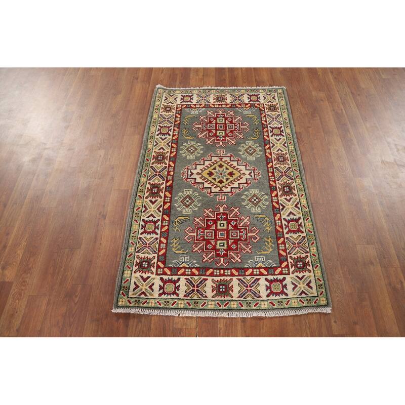 Geometric Kazak Foyer Rug Handmade Grey Wool Handmade Wool Carpet - 2'8" x 4'2"