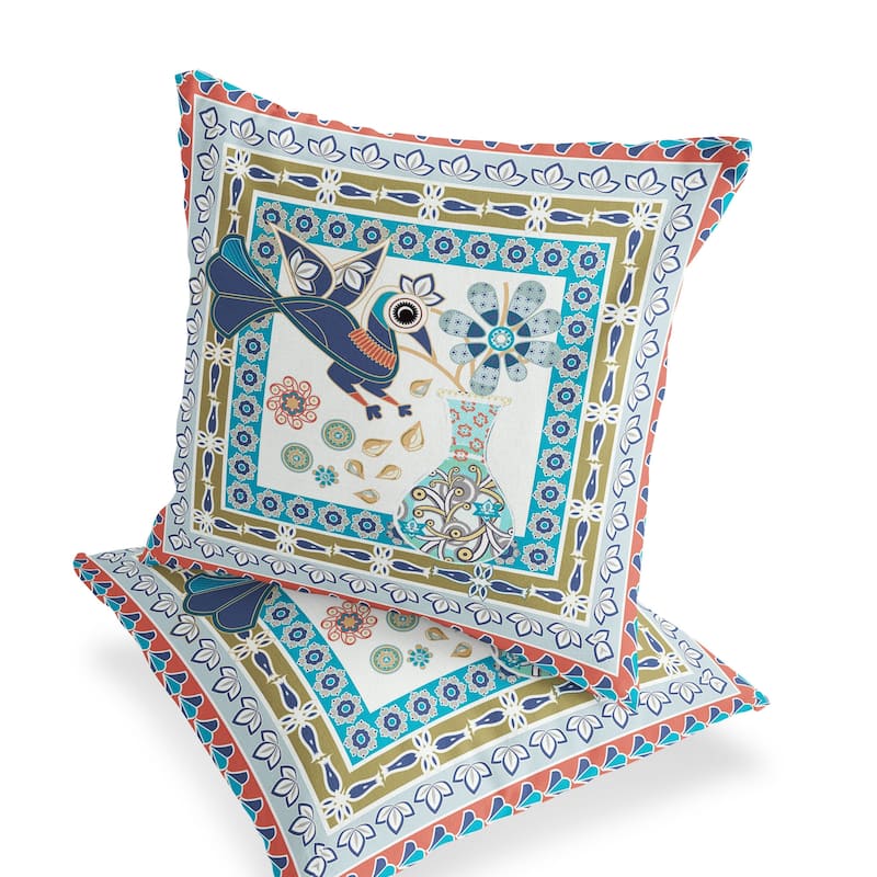 HomeRoots Set of Two 16" X 16" Beige and Green Peacock Blown Seam Floral Indoor Outdoor Throw Pillow - 16.00' X '16.00' X '5.00