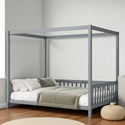 Full Size Wooden Canopy Floor Bed with Guardrails, Rubber Wood Frame Fence Design, Safe Montessori Bed