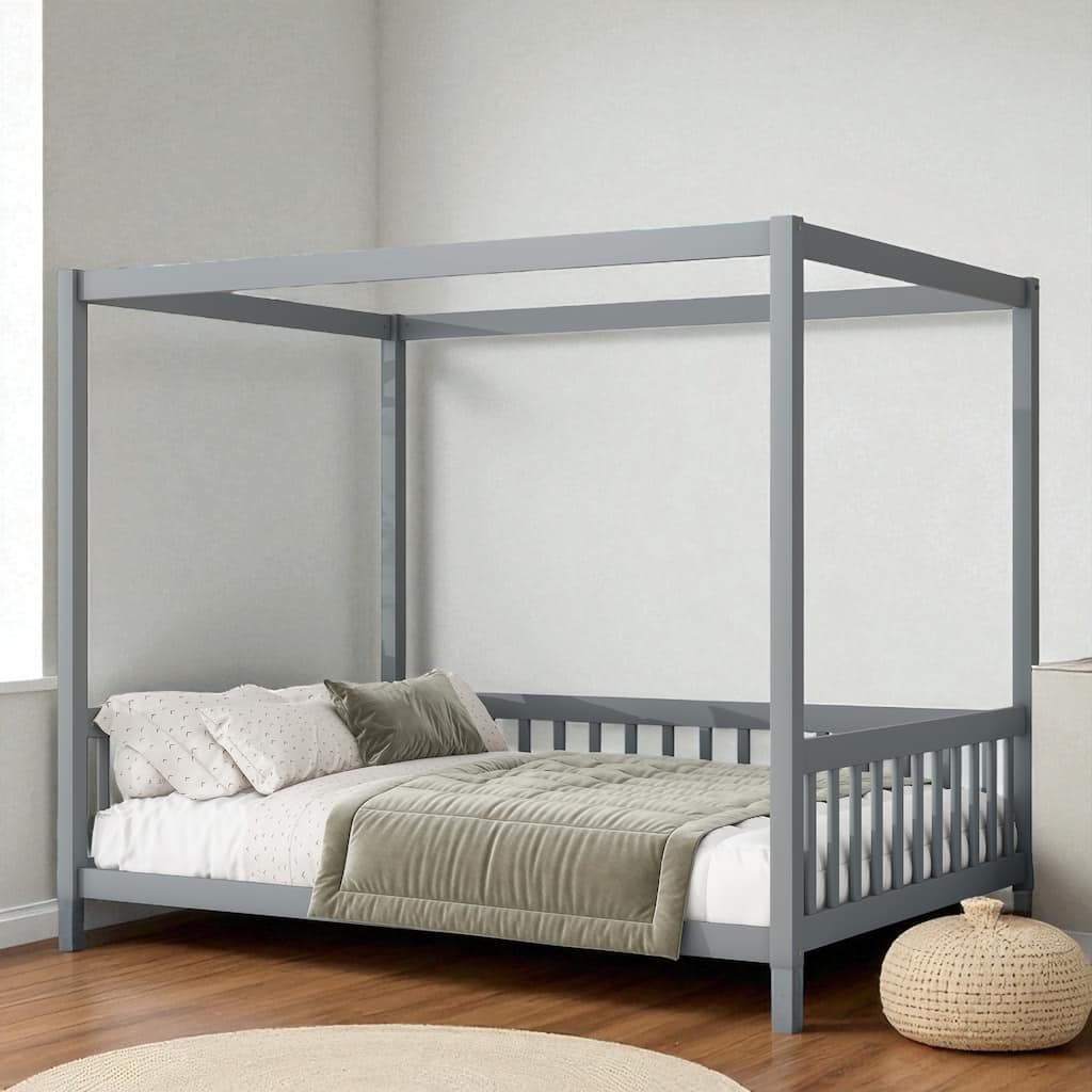 Full Size Wooden Canopy Floor Bed with Guardrails, Rubber Wood Frame Fence Design, Safe Montessori Bed