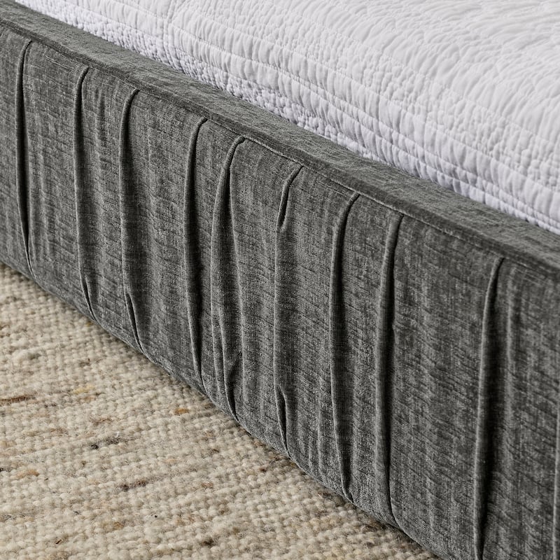 Pleated Design Frame, Queen Size Grounded Bed Frame Chenille Fabric Upholstered Bed Low Profile Platform Bed with Headboard