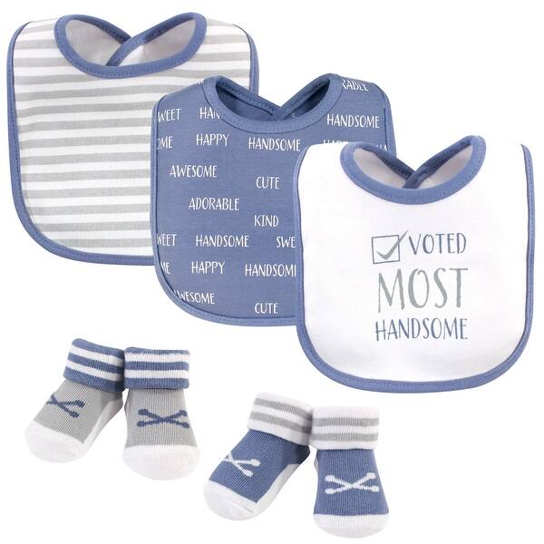 slide 1 of 1, Hudson Baby Infant Boy Cotton Bib and Sock Set 5pk, Voted Most Handsome, One Size - Voted Most Handsome - One Size