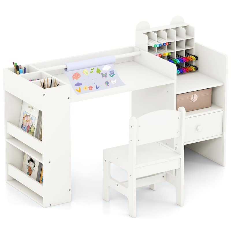 Gymax Kids Art Table & Chair Set w/Detachable Paper Roll Holder & - White