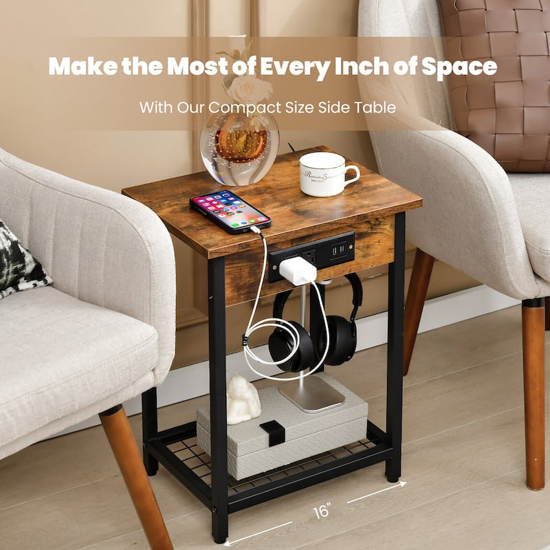 Gymax 2PCS Bedside Sofa Tables Nightstand w/ Charging Station for