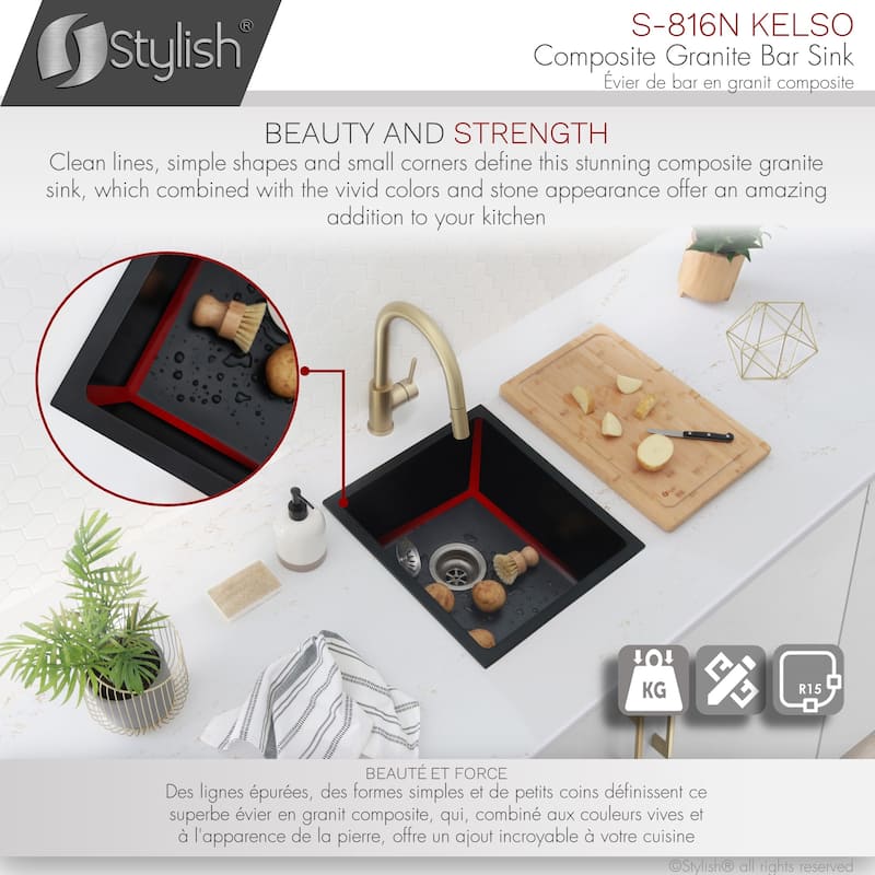 STYLISH 15.5 inches L x 17.5 inches W Dual Mount Single Bowl Composite Granite Kitchen Sink with Strainer - 15.5" x 17.5" x 8.5"