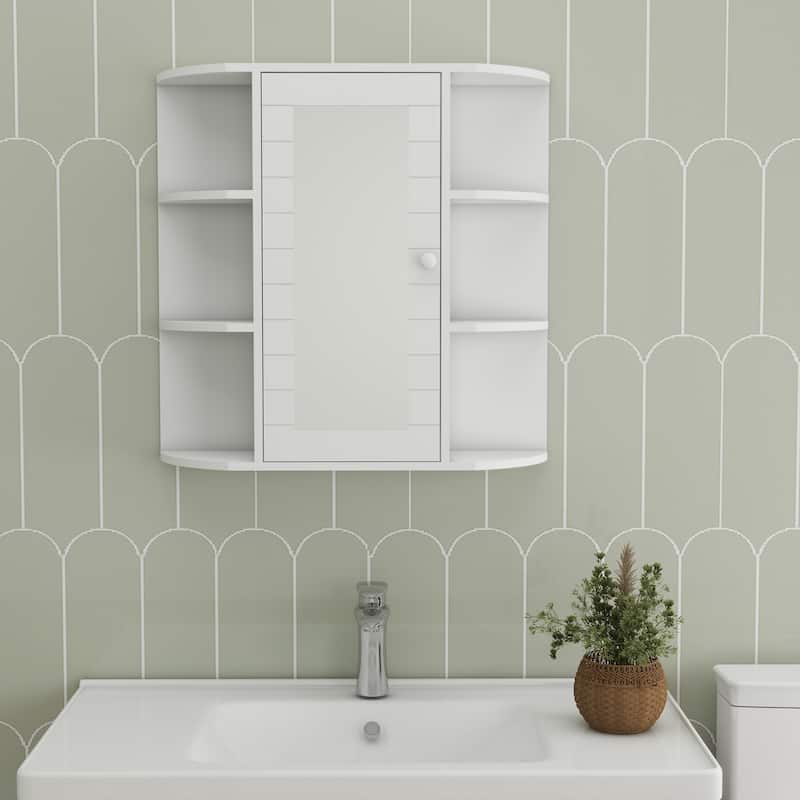 White MDF Wall-Mounted Bathroom Medicine Cabinet with Mirrored Door and Shelves - 11.75" W x 11" D x 70.75" H