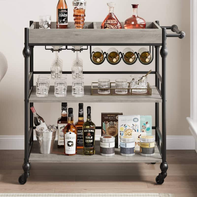 3 Tier Rolling Serving Bar Cart with Removable Tray - Grey