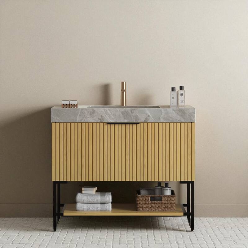 36" Freestanding Bathroom Vanity with Undermount Ceramic Sink Sintered Stone Top Drawer and Open Shelf