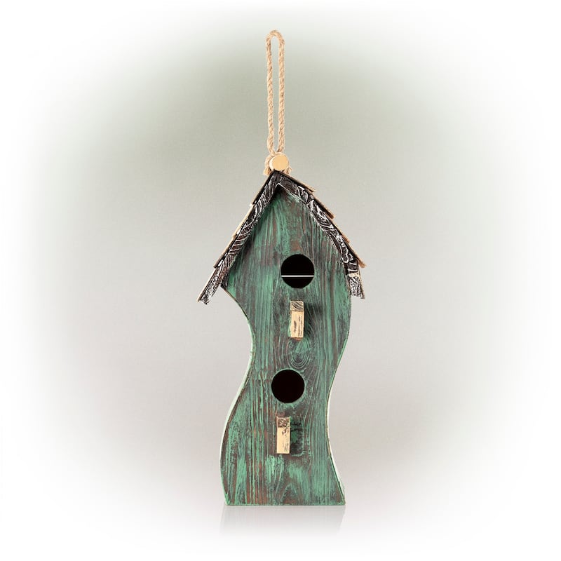 Alpine Corporation 17" Tall Outdoor Artful Swirly Hanging Wooden Birdhouse, Green