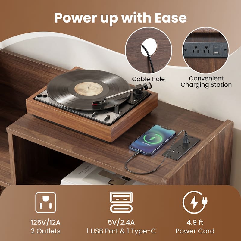 Gymax Record Player Stand w/LED Light Power Outlets Sliding Door Vinyl