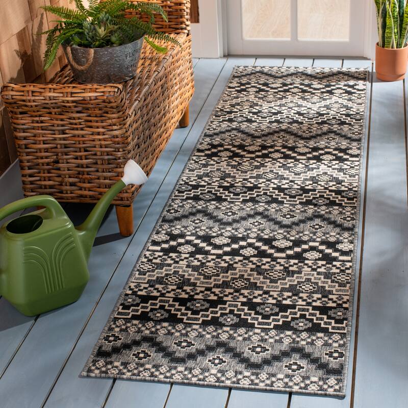 SAFAVIEH Veranda Rudy Indoor/ Outdoor Waterproof Patio Backyard Rug - 2'3" x 8' Runner - Black/Beige