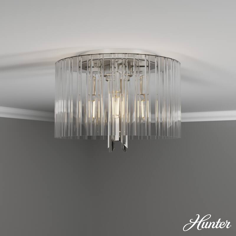 Hunter Gatz Ribbed Glass 4-Light Flush Mount Ceiling Light, Low Profile - Modern, Glam, Fluted Glass - Brushed Nickel