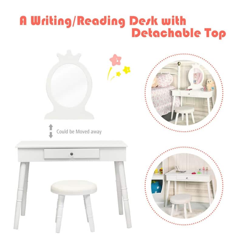 Young Princess Wooden Makeup Vanity Table Set with Padded Stool-White - 27.5" x 13.5" x 40"(L x W x H)
