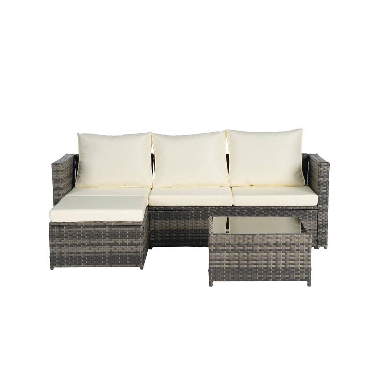 2-Pieces Outdoor Patio L-Shaped Sectional Sofa Set with Glass Coffee Table