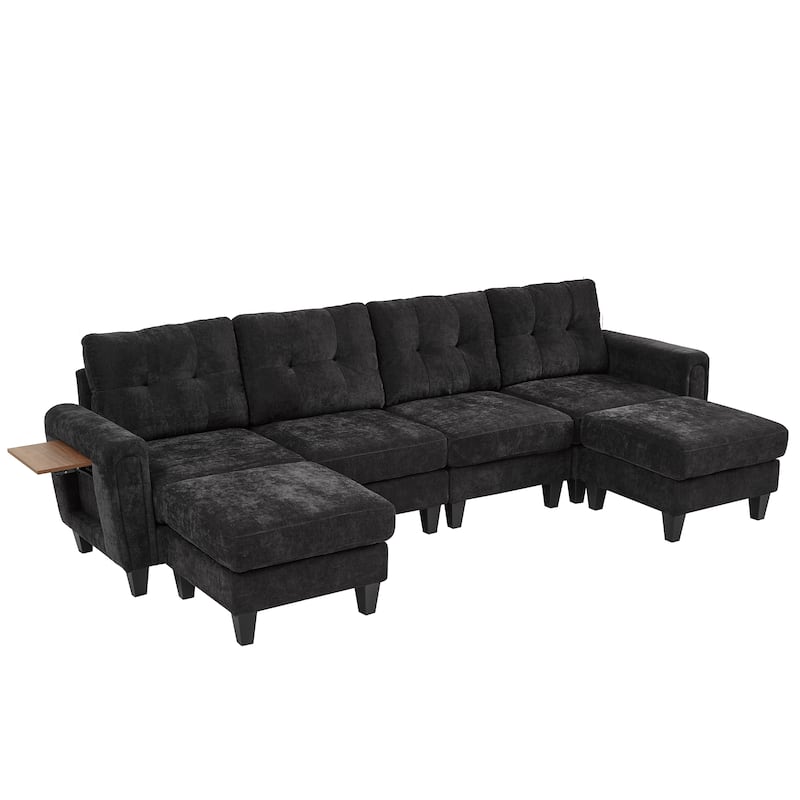115" U-Shaped Sectional Couch, 6 Seat Upholstered Deep Seat Sofa with Movable Ottomans, USB Ports and Side Tables