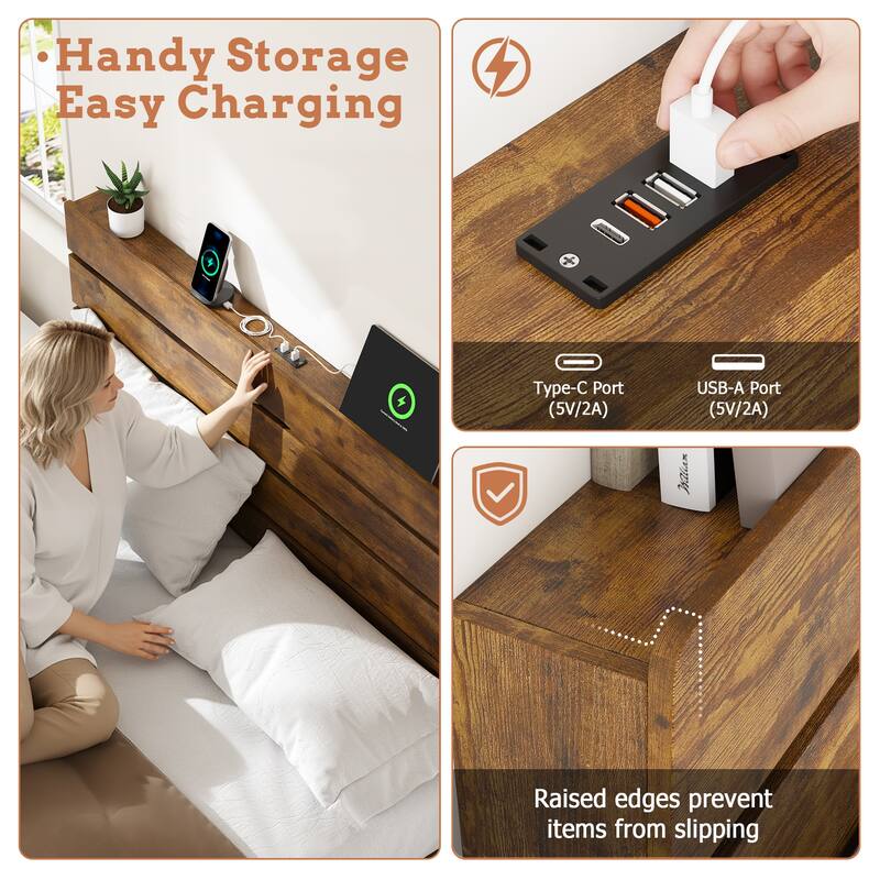 Bed Frame with Headboard and Footboard, with Under Bed Storage, LED Lights, Charging Station