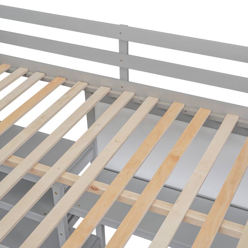 Full Size Loft Bed with Desk, 3-Tier Shelves and Writable Board, Wooden Storage Bed with Ladder and Guardrails for Safety