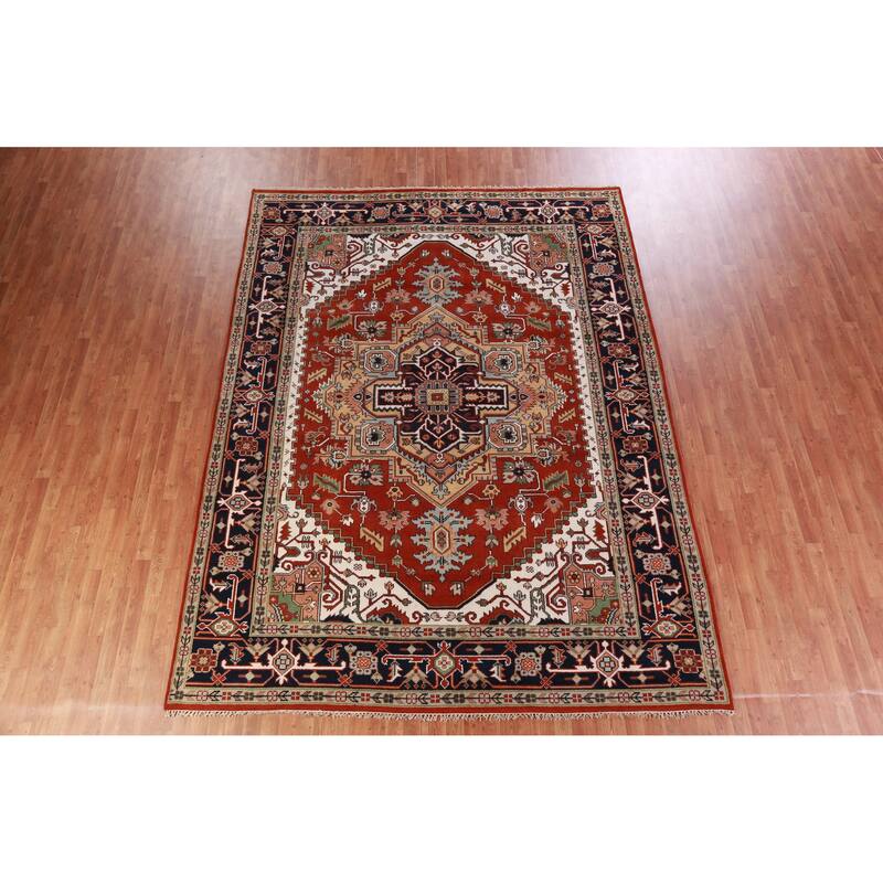 Hand Knotted Oriental 100% Wool Carpet Traditional Medallion Oranges & Rust Heriz (serapi) Area Rug - 11' 9'' X 8' 10''