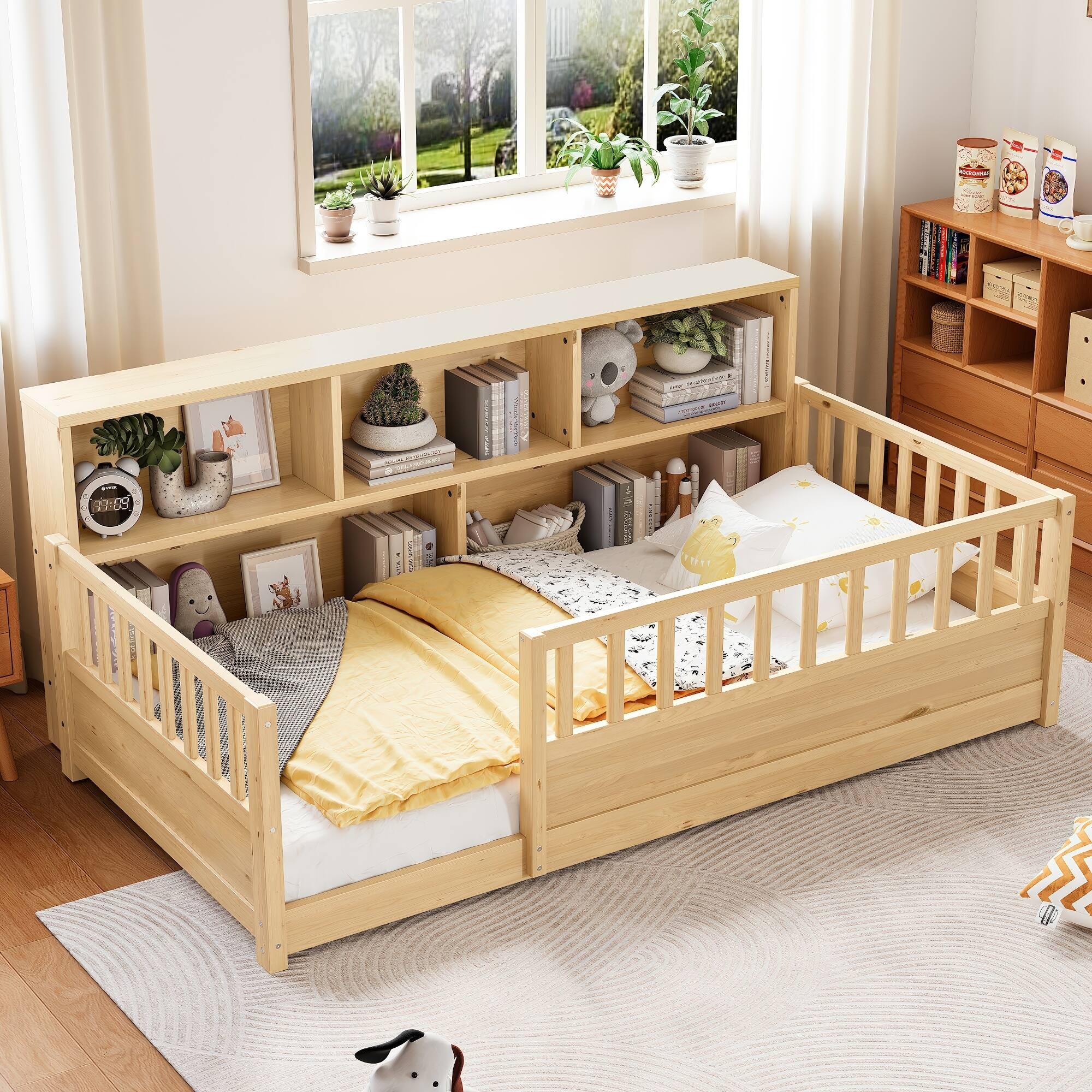 Wooden Floor Bed Featuring a Fence-Style Guardrail and Side Storage Decorative Function.