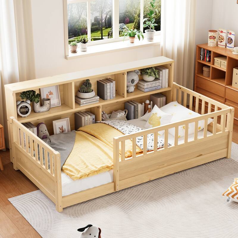 Wooden Floor Bed Frame with Fence Guardrail & Side Storage, Low Profile Kids Bed (Full/Twin) - Natural - Twin