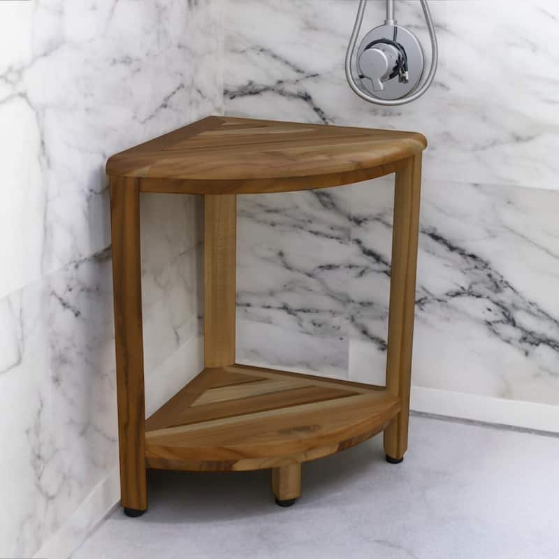 HomeRoots 17" Brown Teak Corner Shower Bench With Shelf - Natural Brown - 18" x 12" x 12"