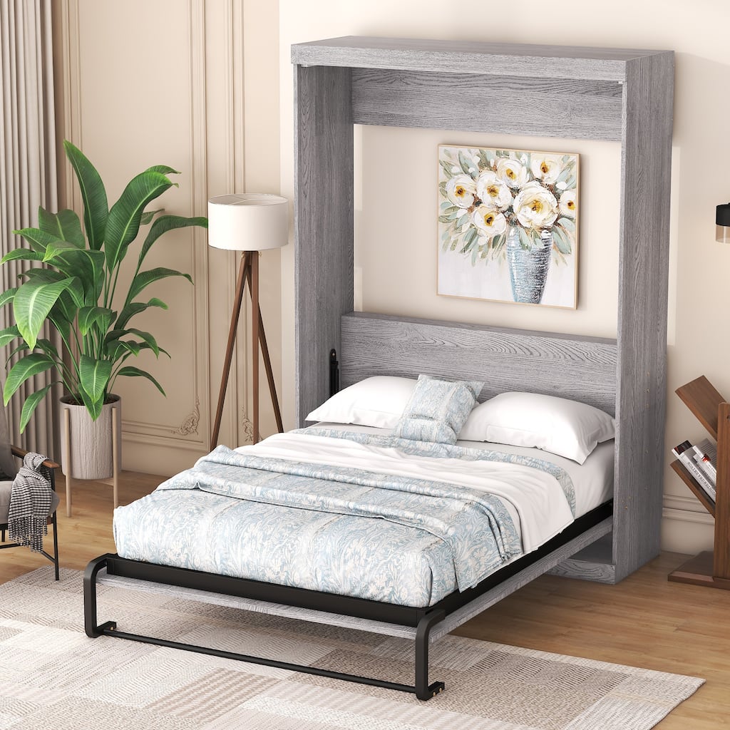 Murphy Bed Frame Full Size Platform Bed Folding Into Cabinet Bed Space Saving Foldable Bed with Pine Wood Slats Support