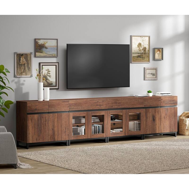 Modern TV Stand for 120" TVs, 4-in-1 Console with Glass Doors & 2 Drawers - 126 inches - Brown
