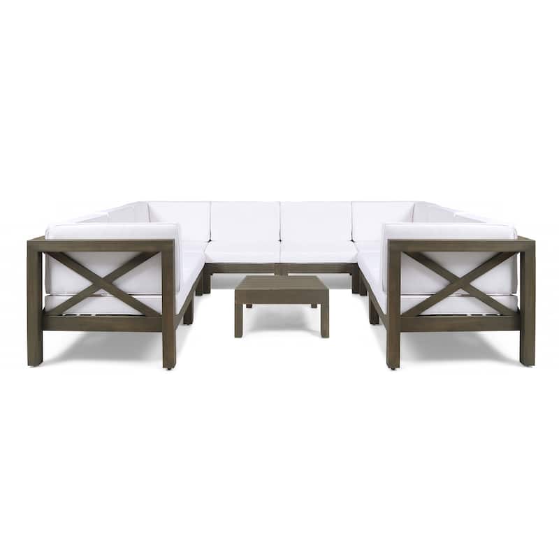 Brava Acacia Wood Outdoor Sectional Sofa by Christopher Knight Home - gray  + white cushion