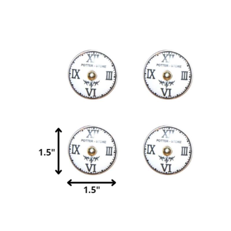 Set of 12 Hand-Painted Ceramic Clock Face Cabinet Knobs in Black White Gold for Furniture Decor - 1.5” x 1.5” x 1.5”