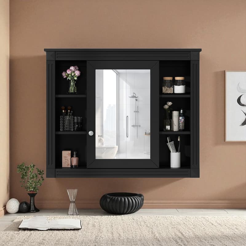 35" x 28" Wall-Mounted Bathroom Storage Cabinet with Mirror and 6 Open Shelves, Modern Medicine Cabinet - Black
