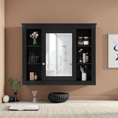 35" x 28" Wall-Mounted Bathroom Storage Cabinet with Mirror and 6 Open Shelves, Modern Medicine Cabinet