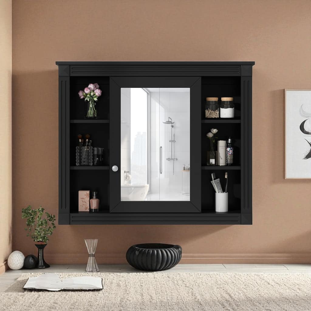 35" x 28" Wall-Mounted Bathroom Storage Cabinet with Mirror and 6 Open Shelves, Modern Medicine Cabinet