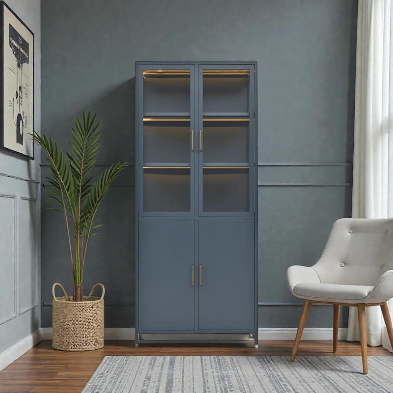 76.75 Inch Glass Display Cabinet with LED Lights, 3 Sided Tempered Glass Steel Curio Cabinet with Double Doors