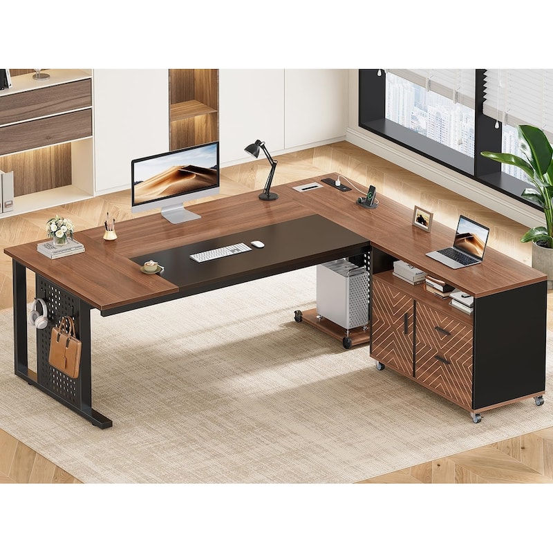 71" Executive Desk File Cabinet L Shaped Computer Desk Shelves - Rolling File Cabinet Brown
