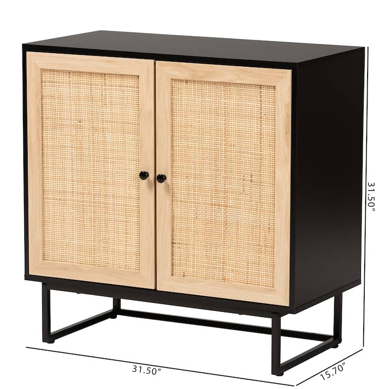 Declan Mid-Century Modern Espresso Brown Finished Wood and Natural Rattan 2-Door Storage Cabinet