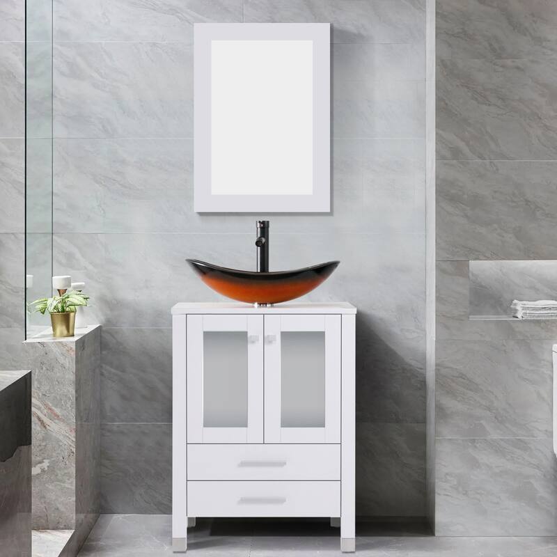 24" Bathroom Vanity with Sink Set Storage Cabinet Combo - White - W-Glass gold boat sink