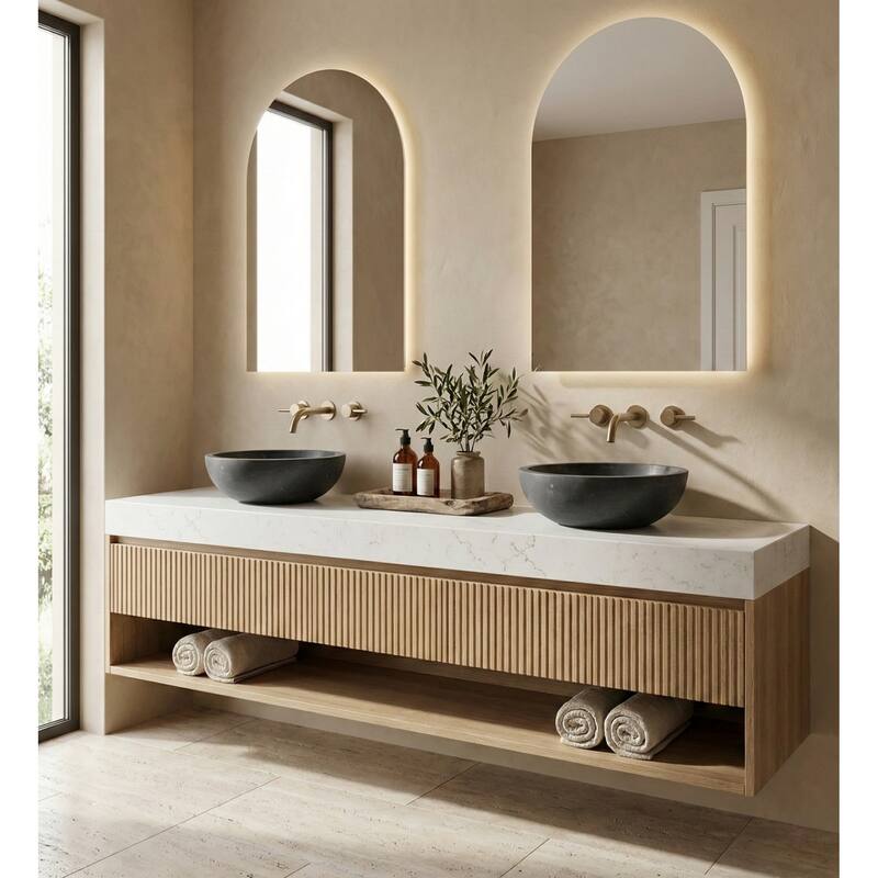 Roomfitters Marble Bathroom Vessel Sink, Natural Stone Countertop Wash Basin, Round Matte Vanity Bowl, Above Counter, Dark Grey