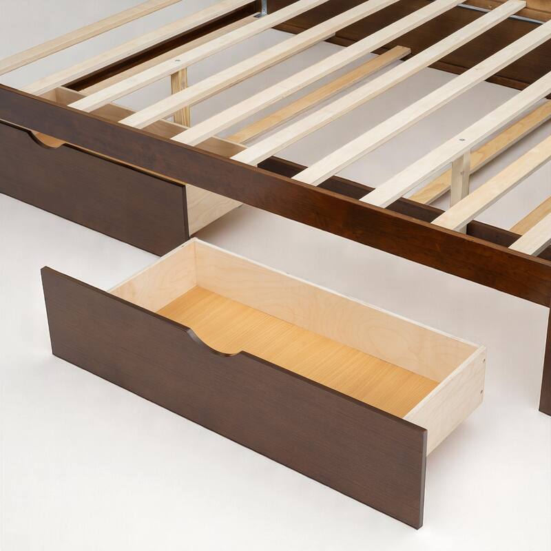Queen Size Rattan Headboard Bed with Storage Drawers and Pull-Out Trundle, Wood Frame with Organizer Shelves